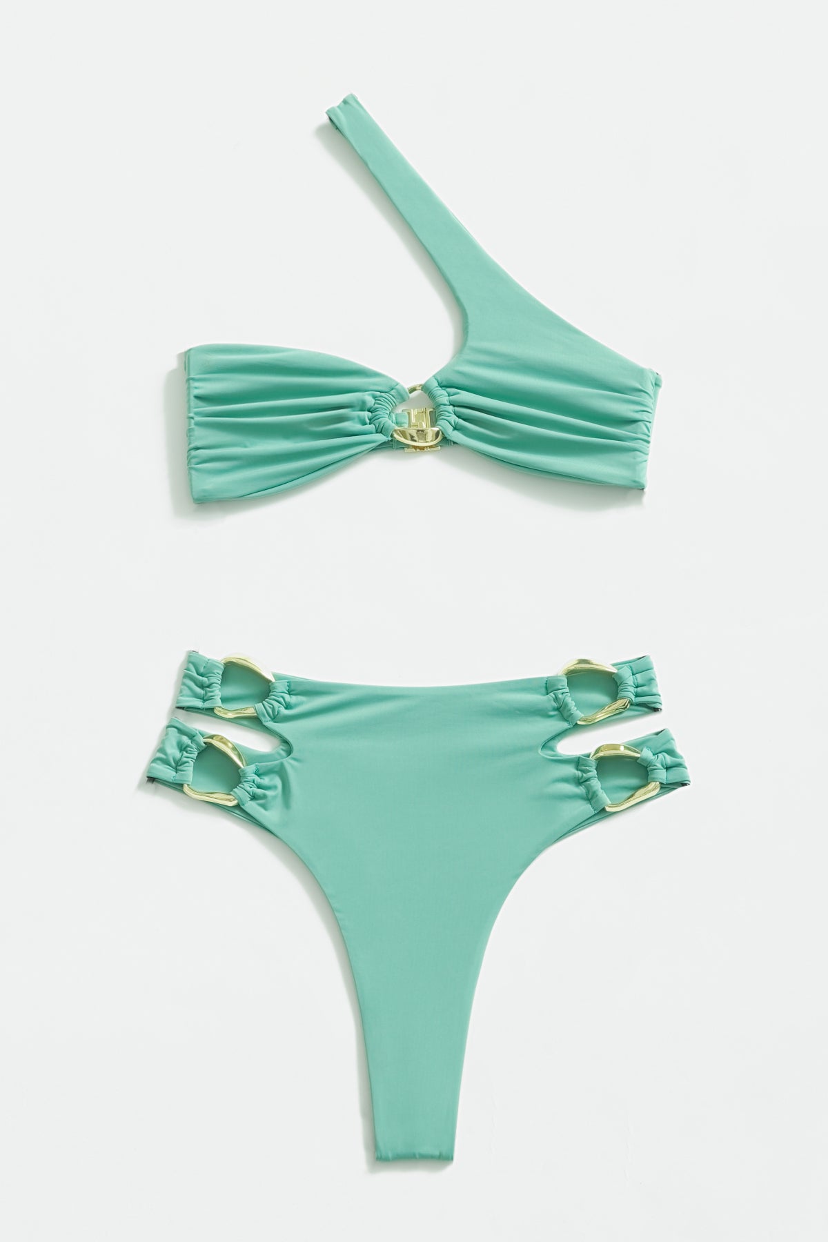 Asymmetrical Single Shoulder Bikini Top with Gold Ring at Bust in Sea Foam Green