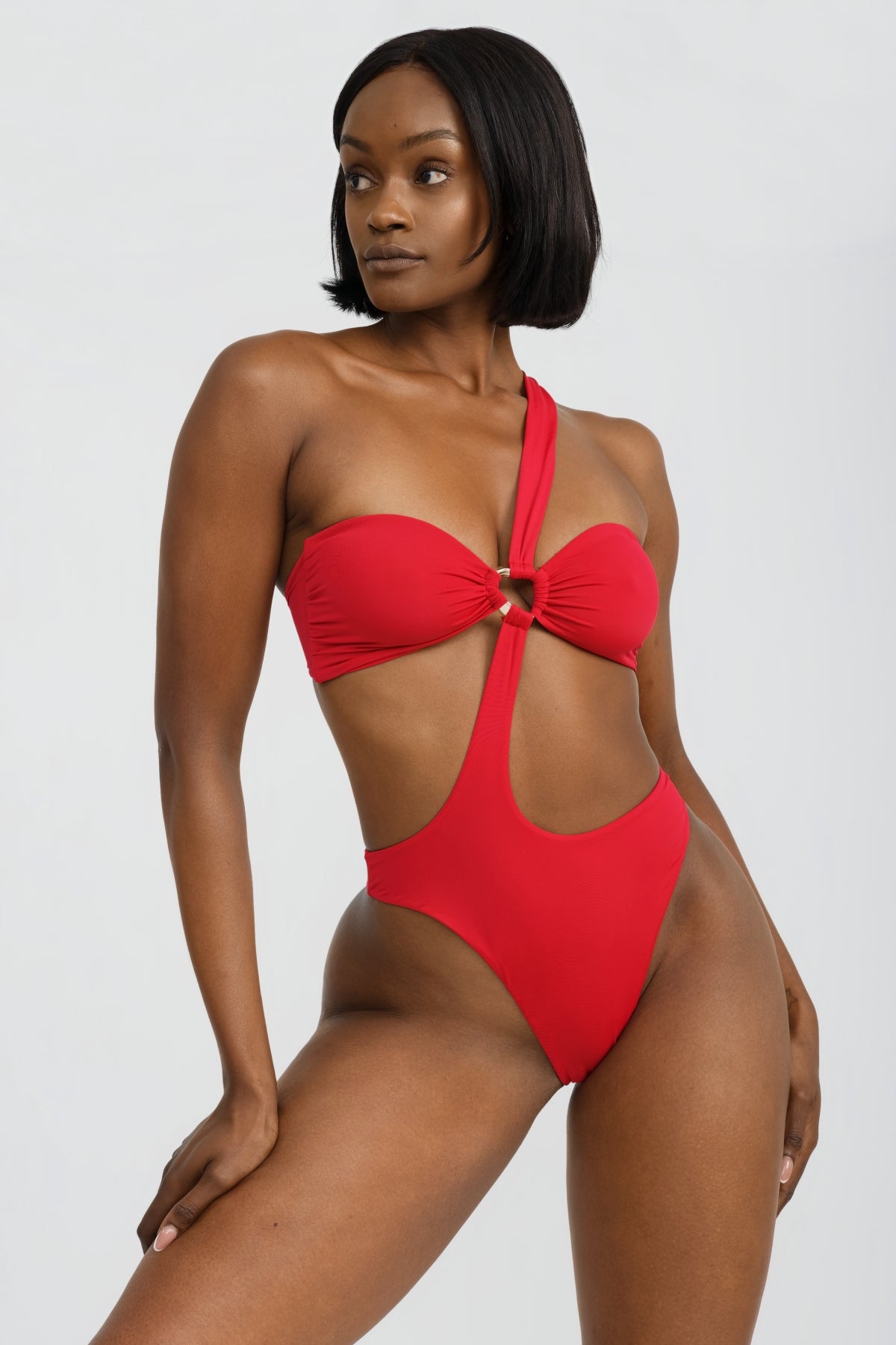 Fire Red Monokini One Piece Swimsuit with Gold Ring at Bust