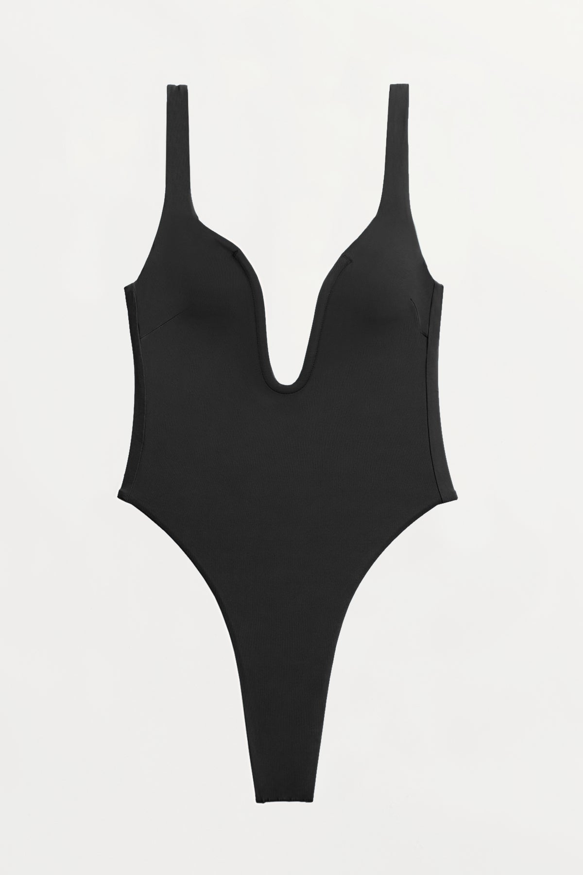 Black One Piece Swimsuit with Plunging Neckline and Thong Bottom