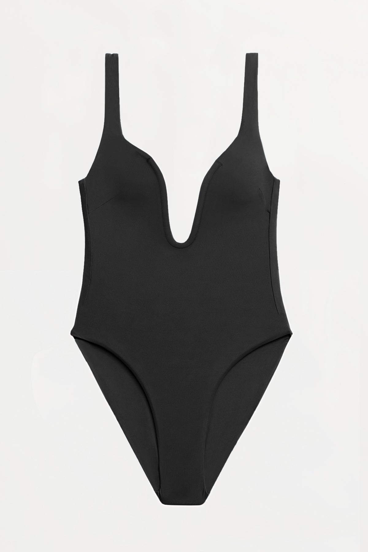 Black Full Coverage One Piece Swimsuit with Plunging Neckline