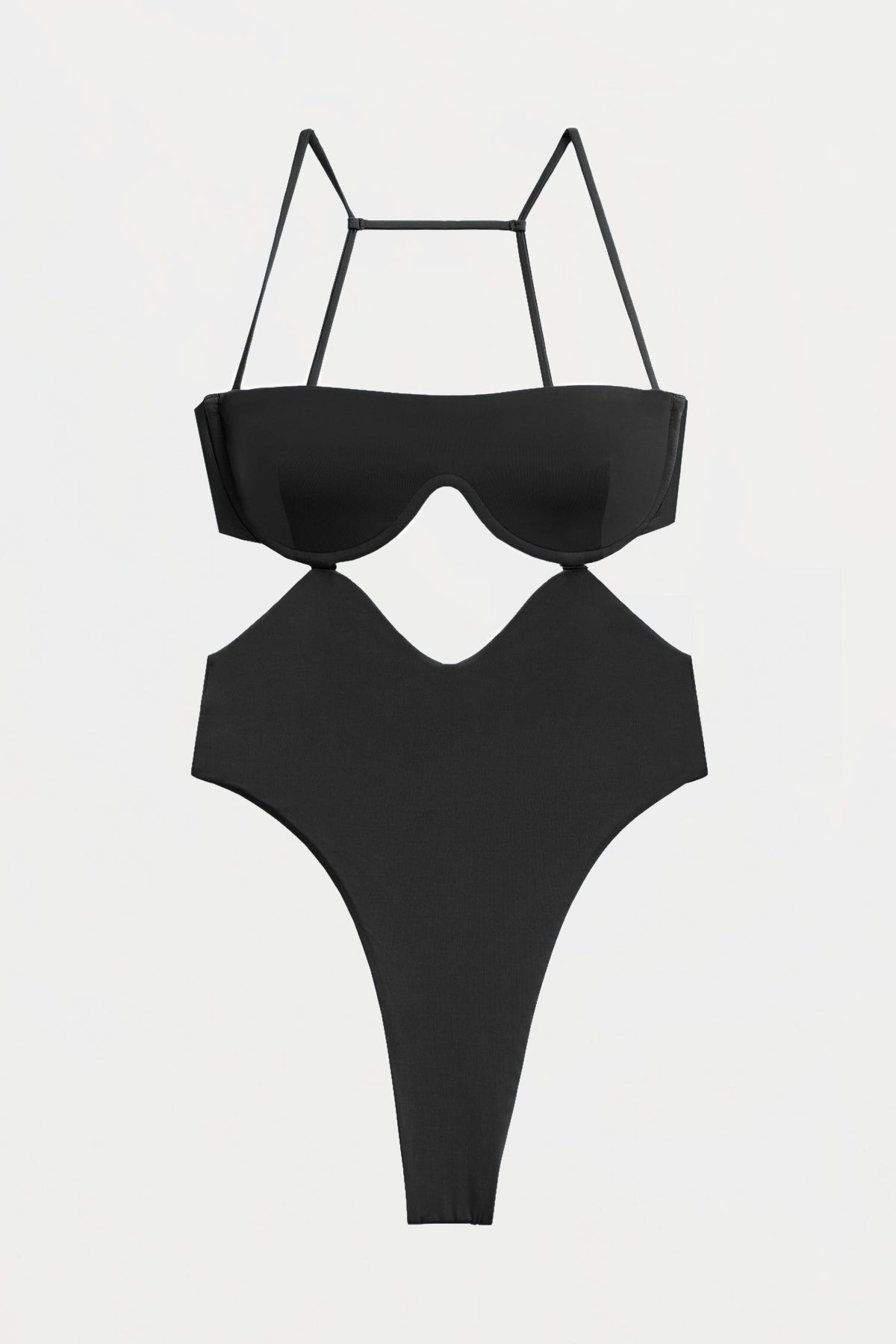 Black One Piece Swimsuit with Torso Cut Out Design and Thong Bottom