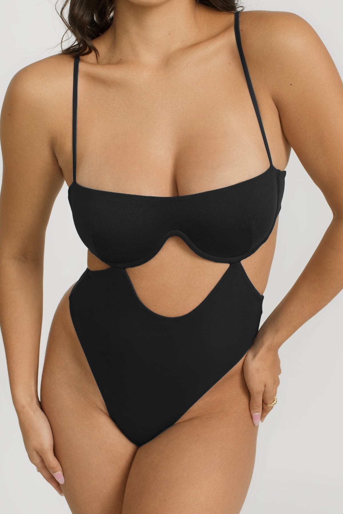 Black One Piece Swimsuit with Torso Cut Out Design and Thong Bottom