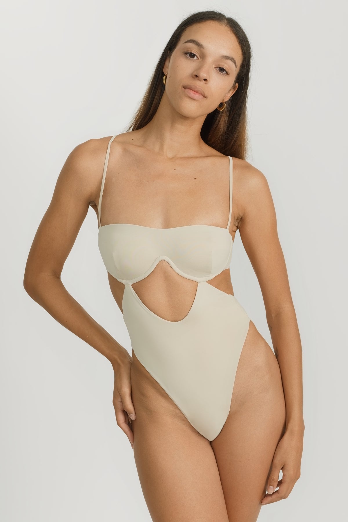 Coconut One Piece Swimsuit with Torso Cut Out Design and Thong Bottom