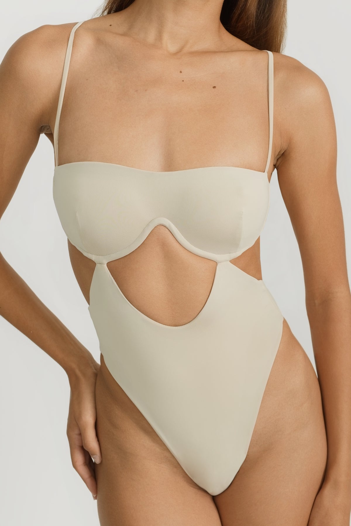 Coconut One Piece Swimsuit with Torso Cut Out Design and Thong Bottom