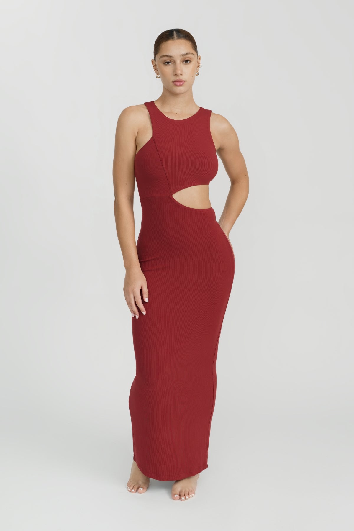 Red Full Length Lounge Dress with Side Cut Out Detail