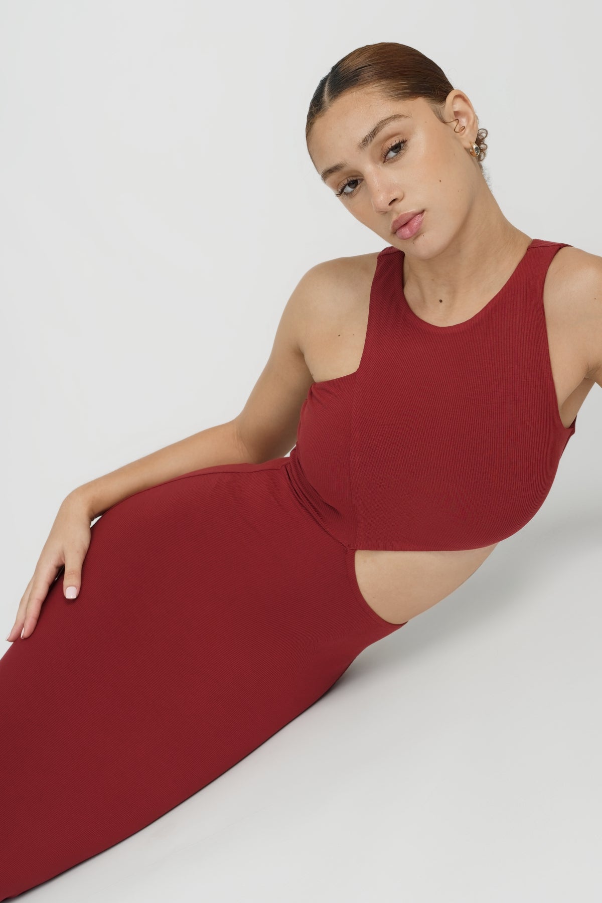 Red Full Length Lounge Dress with Side Cut Out Detail