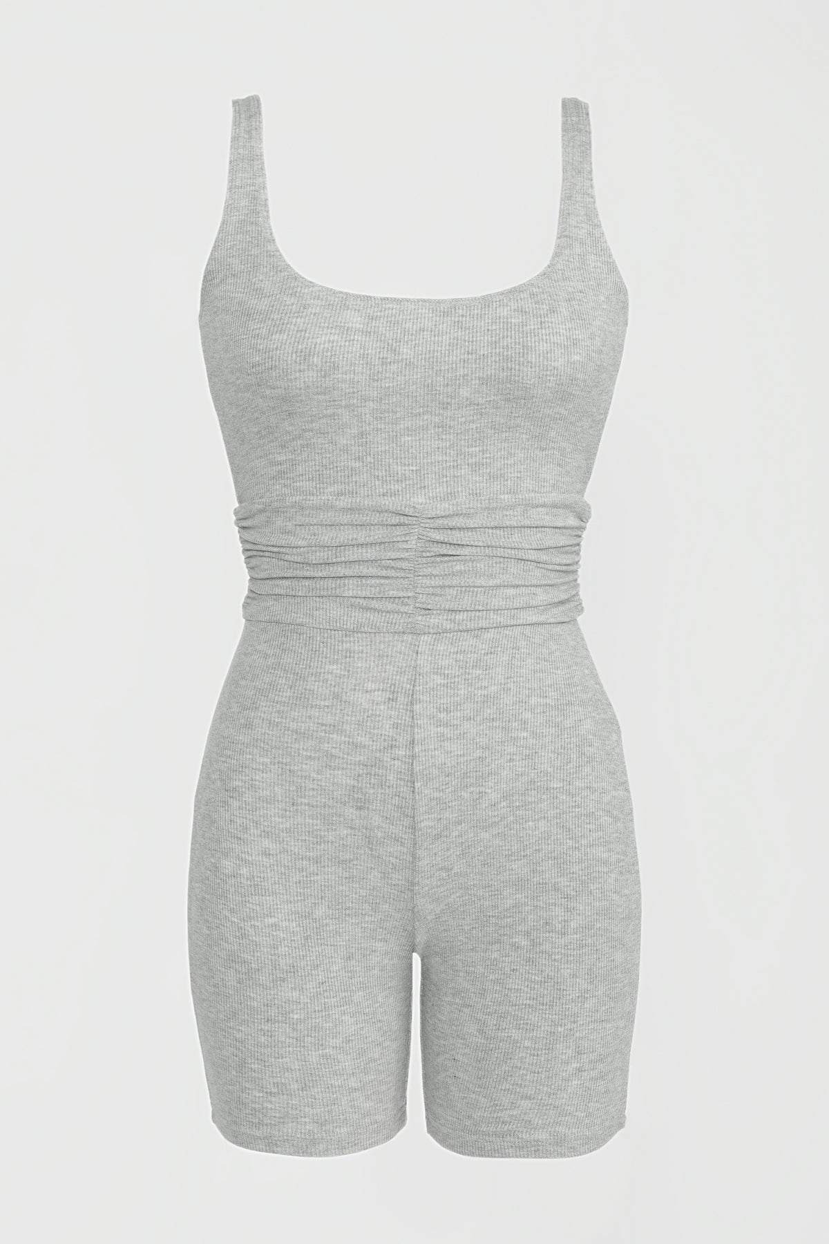 LIGHT GRAY LOUNGE ROMPER WITH SOFT RIBBED MATERIAL AND RUCHED SIDES (MISTY)