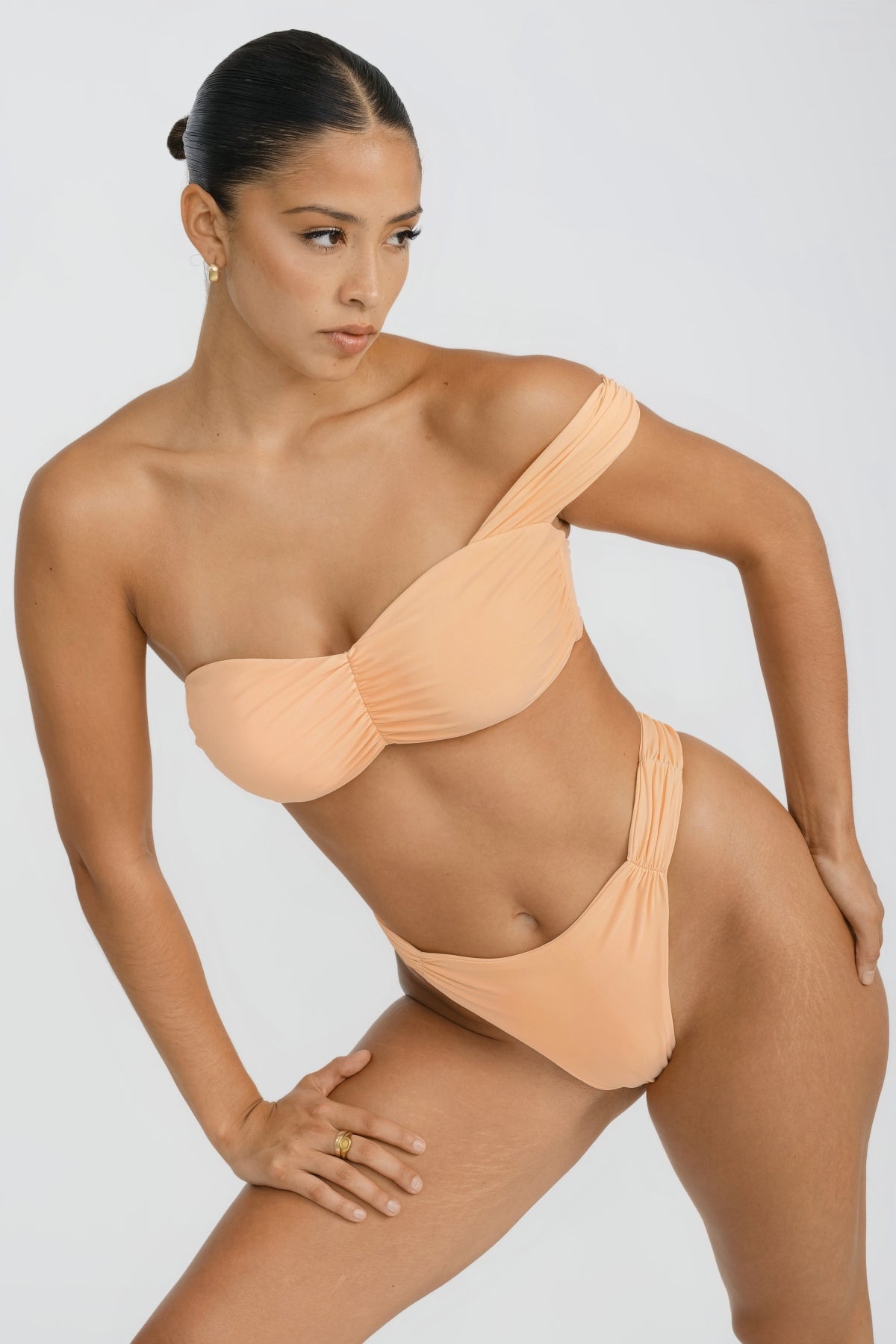 Single Shoulder Bandeau Bikini Top with Ruched Center Detail in Aperol Orange