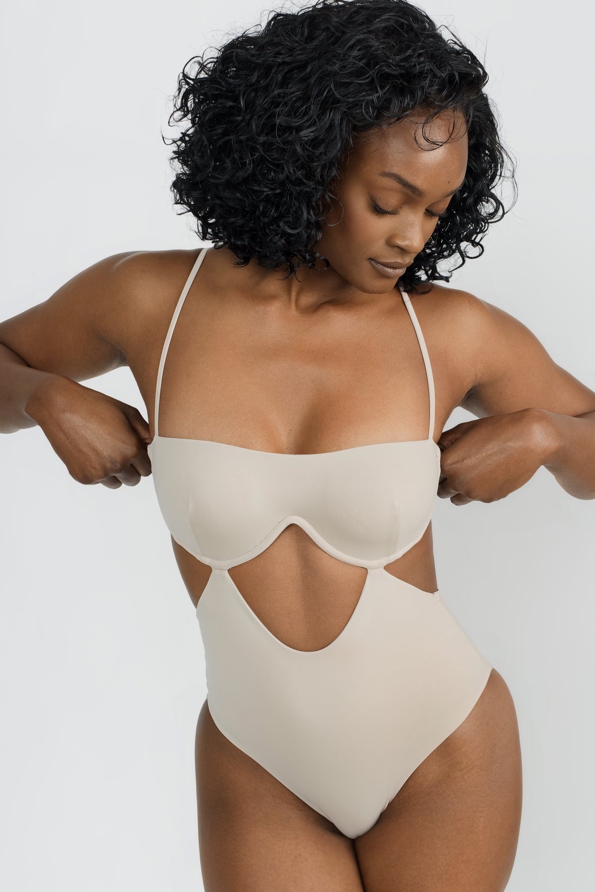 Coconut One Piece Swimsuit with Torso Cut Out Design and Full Coverage Bottom