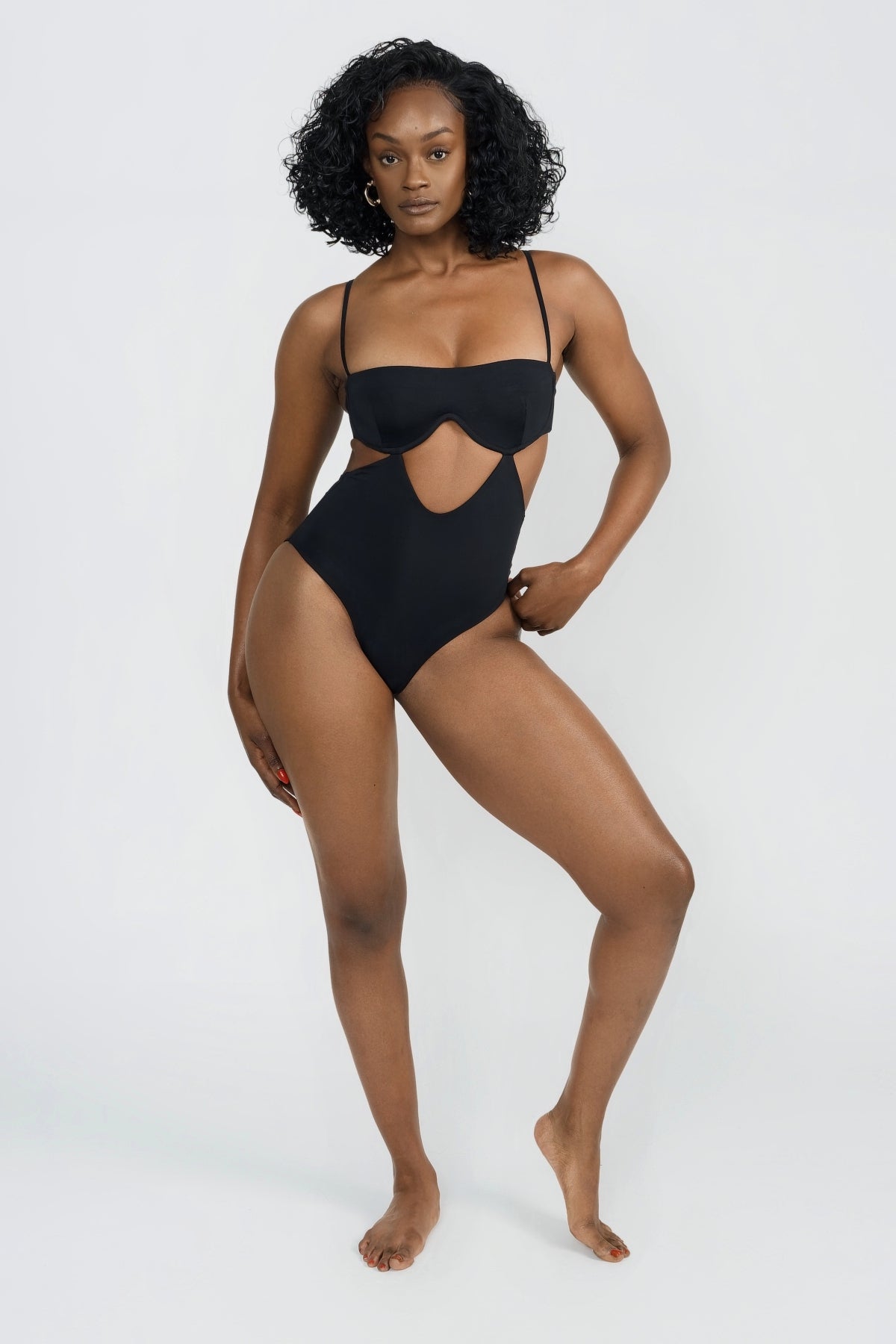 Black One Piece Swimsuit with Torso Cut Out Design and Full Coverage Bottom