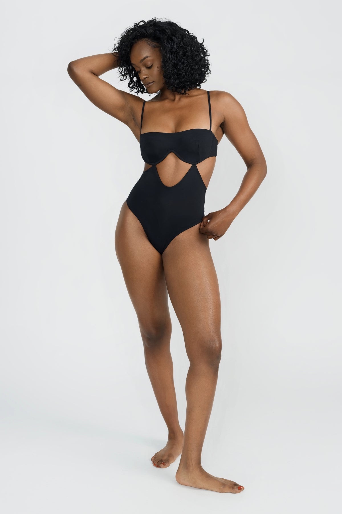 Black One Piece Swimsuit with Torso Cut Out Design and Full Coverage Bottom