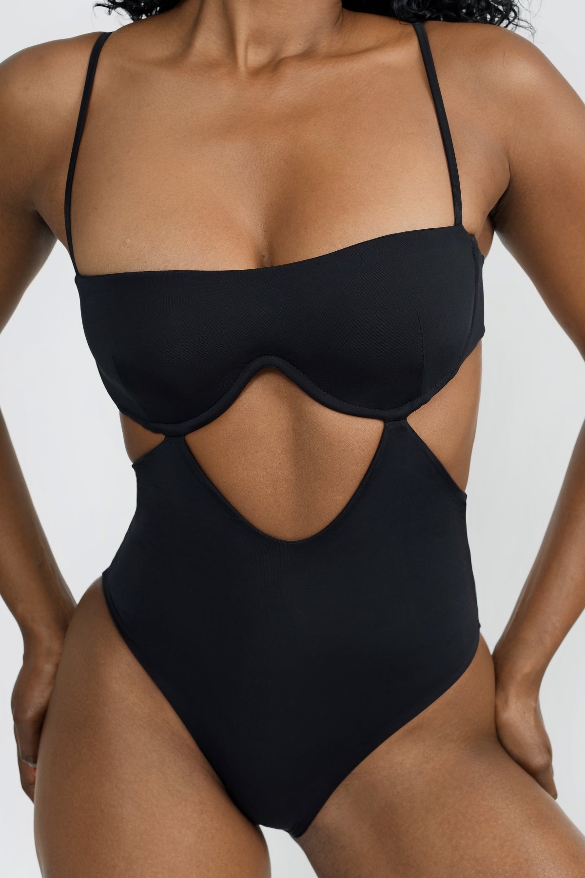 Black One Piece Swimsuit with Torso Cut Out Design and Full Coverage Bottom