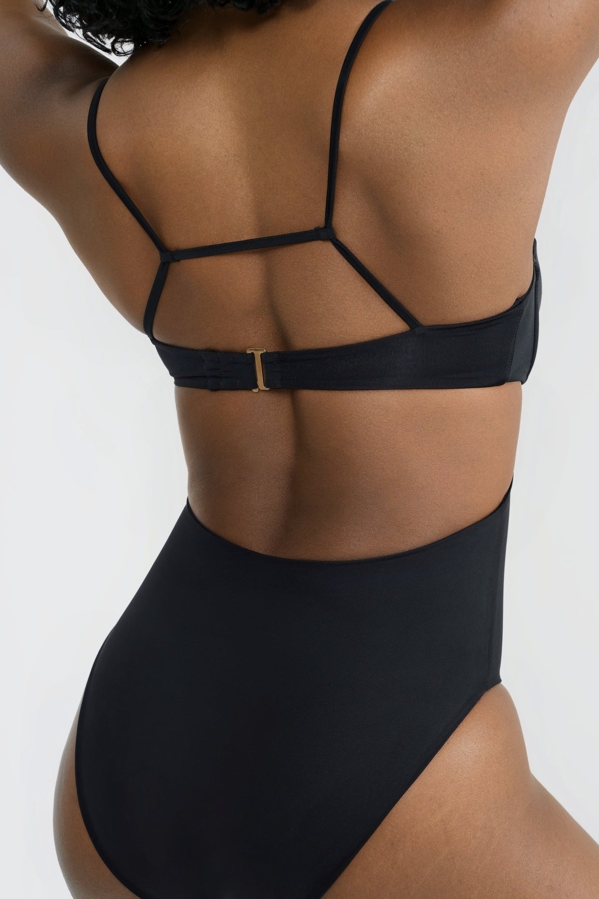 Black One Piece Swimsuit with Torso Cut Out Design and Full Coverage Bottom