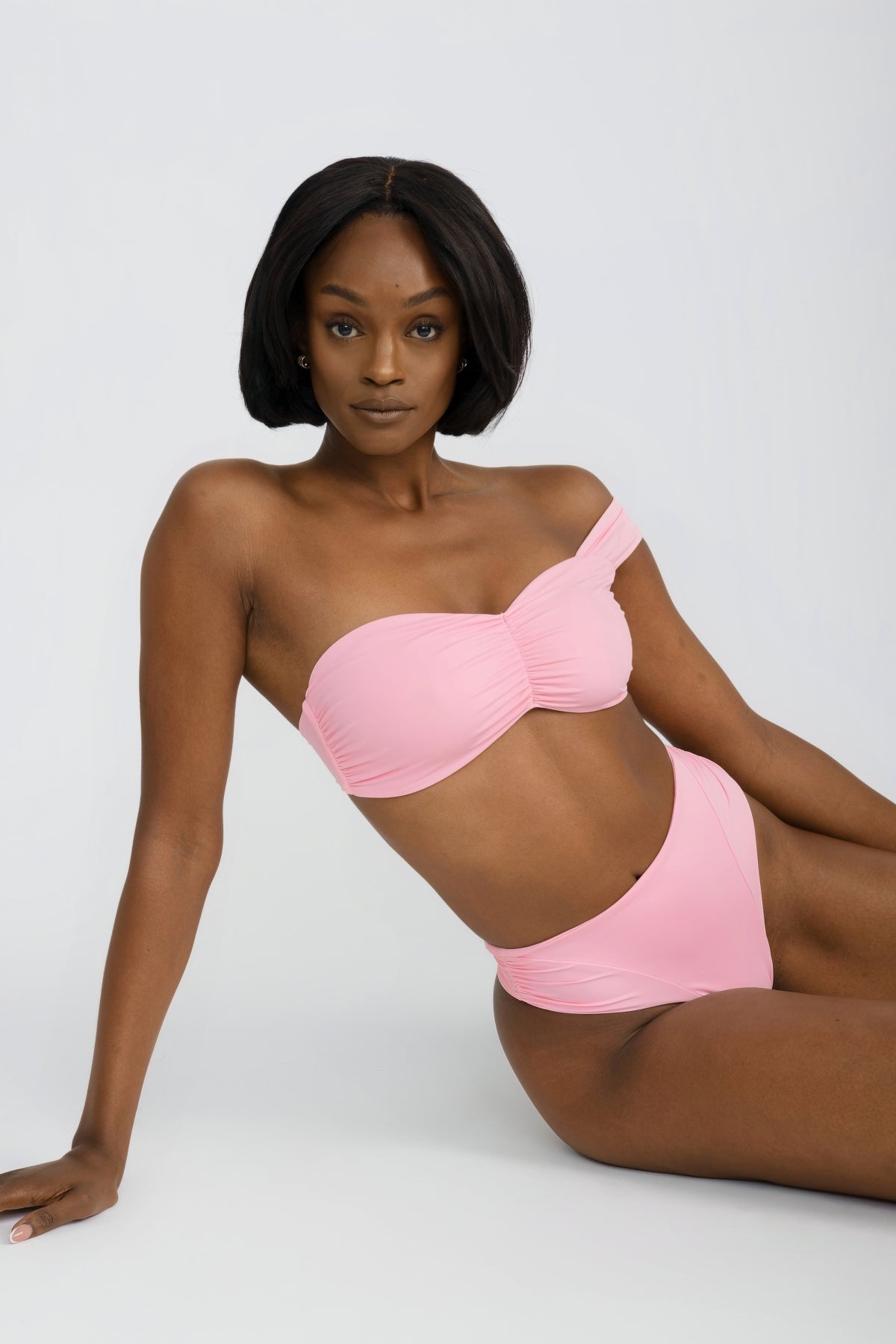 Single Shoulder Bandeau Bikini Top with Ruched Center Detail in Blush Pink