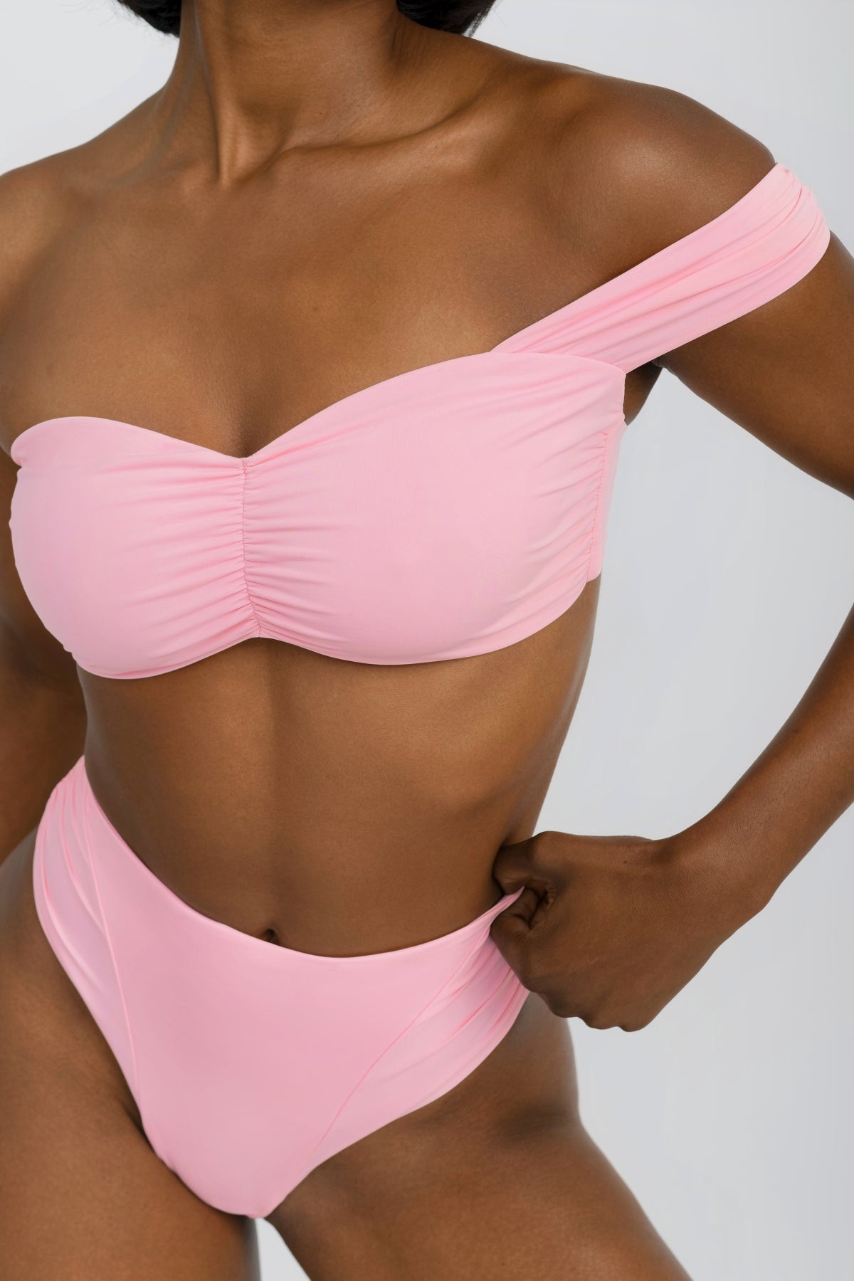 Single Shoulder Bandeau Bikini Top with Ruched Center Detail in Blush Pink