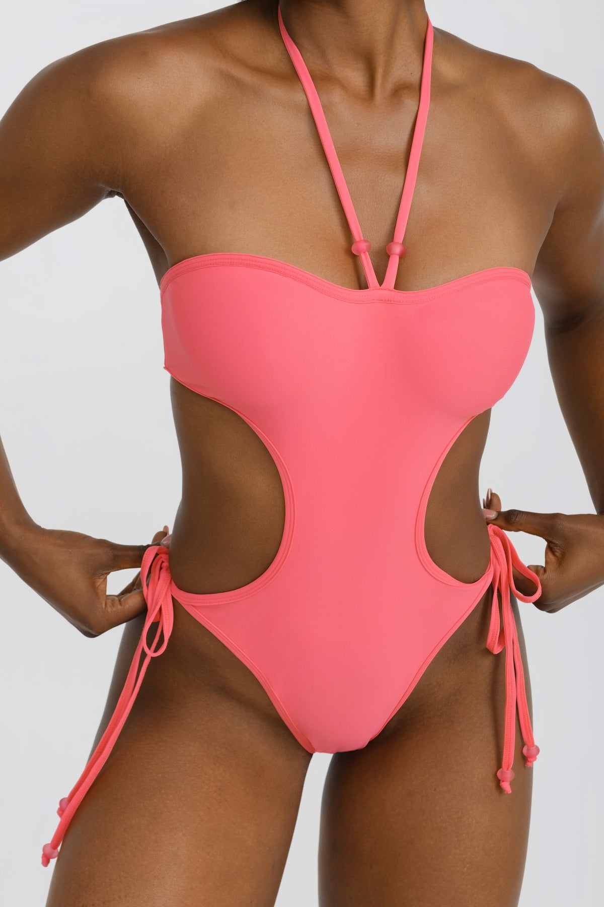 Pink One Piece Swimsuit with Side Ties and Cut Out Hip Detail