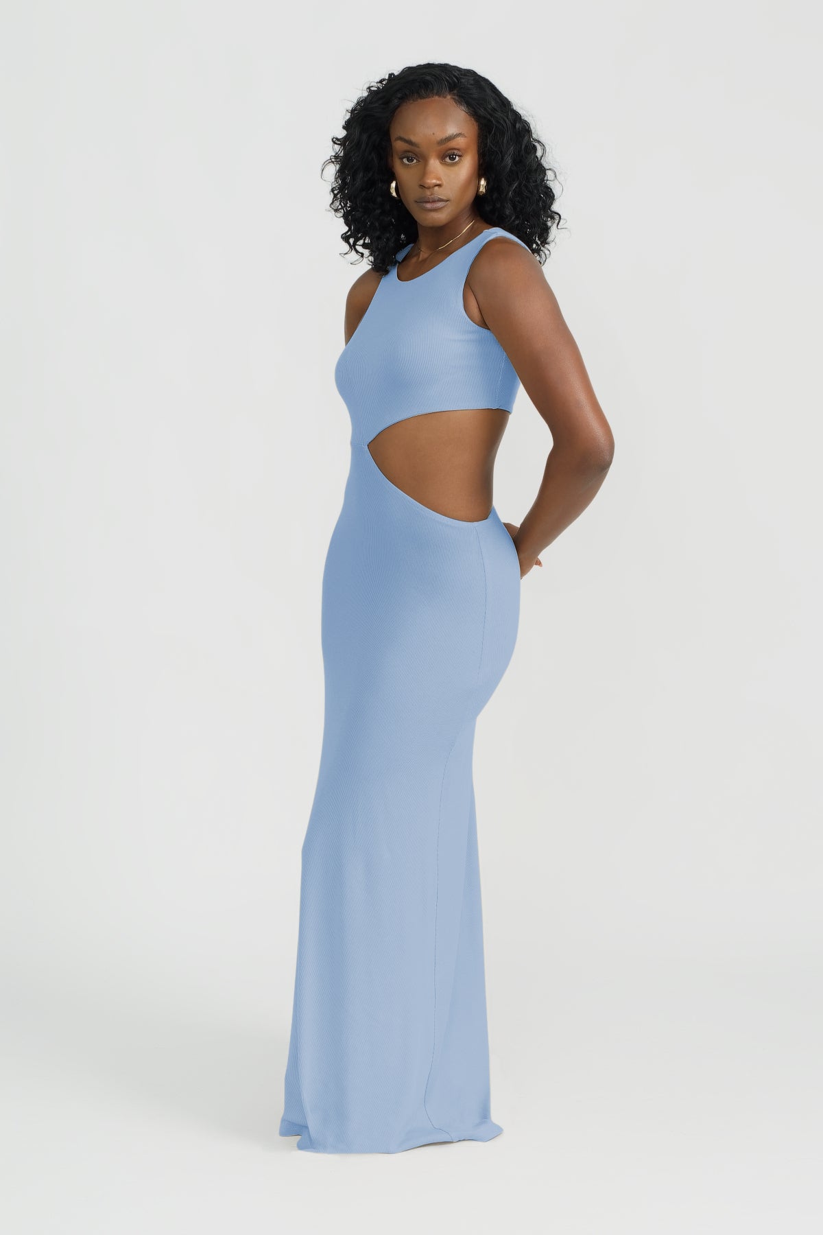 Blue Full Length Lounge Dress with Side Cut Out Detail