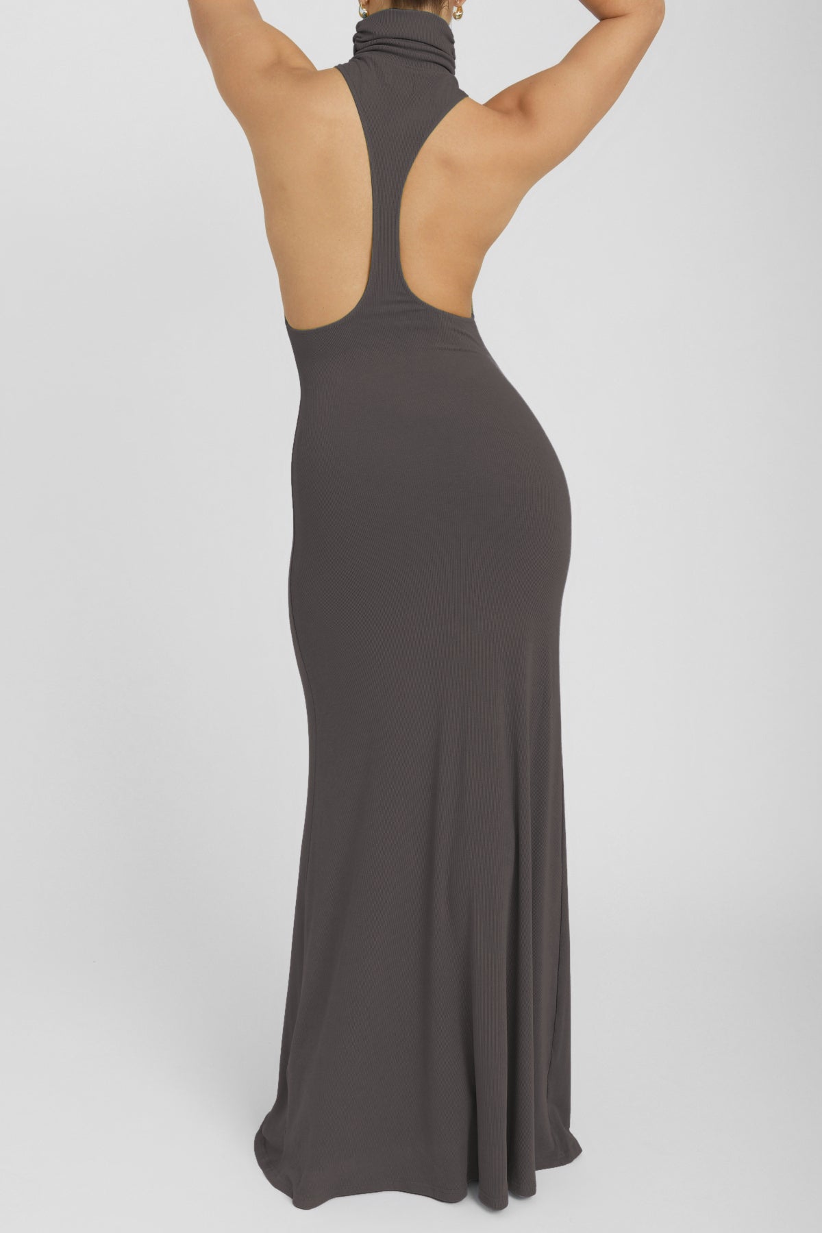 Soft Ribbed Lounge Dress with High Neck in Ash Gray