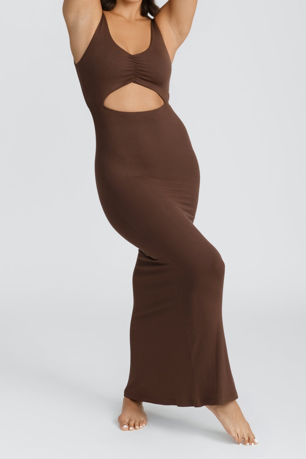 SOFT RIBBED LOUNGE DRESS IN CHOCOLATE BROWN COLOR