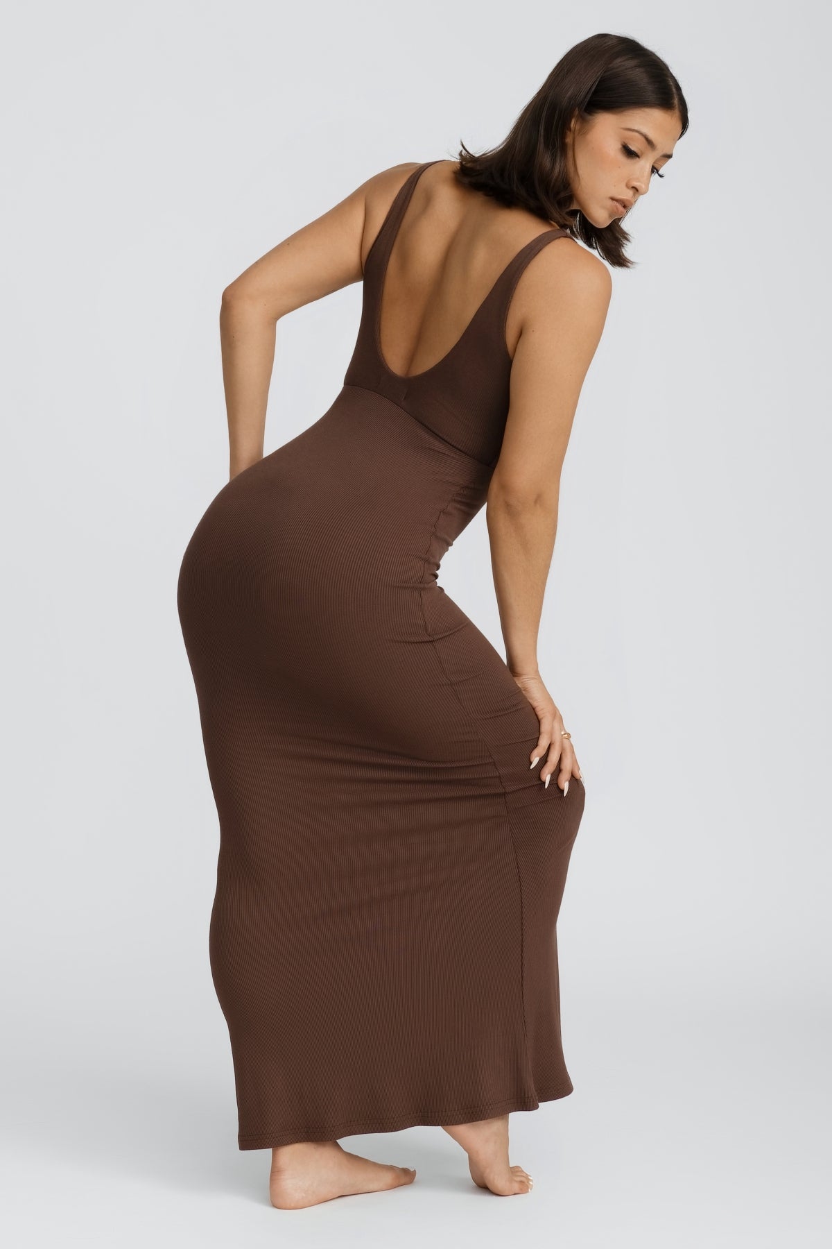 SOFT RIBBED LOUNGE DRESS IN CHOCOLATE BROWN COLOR