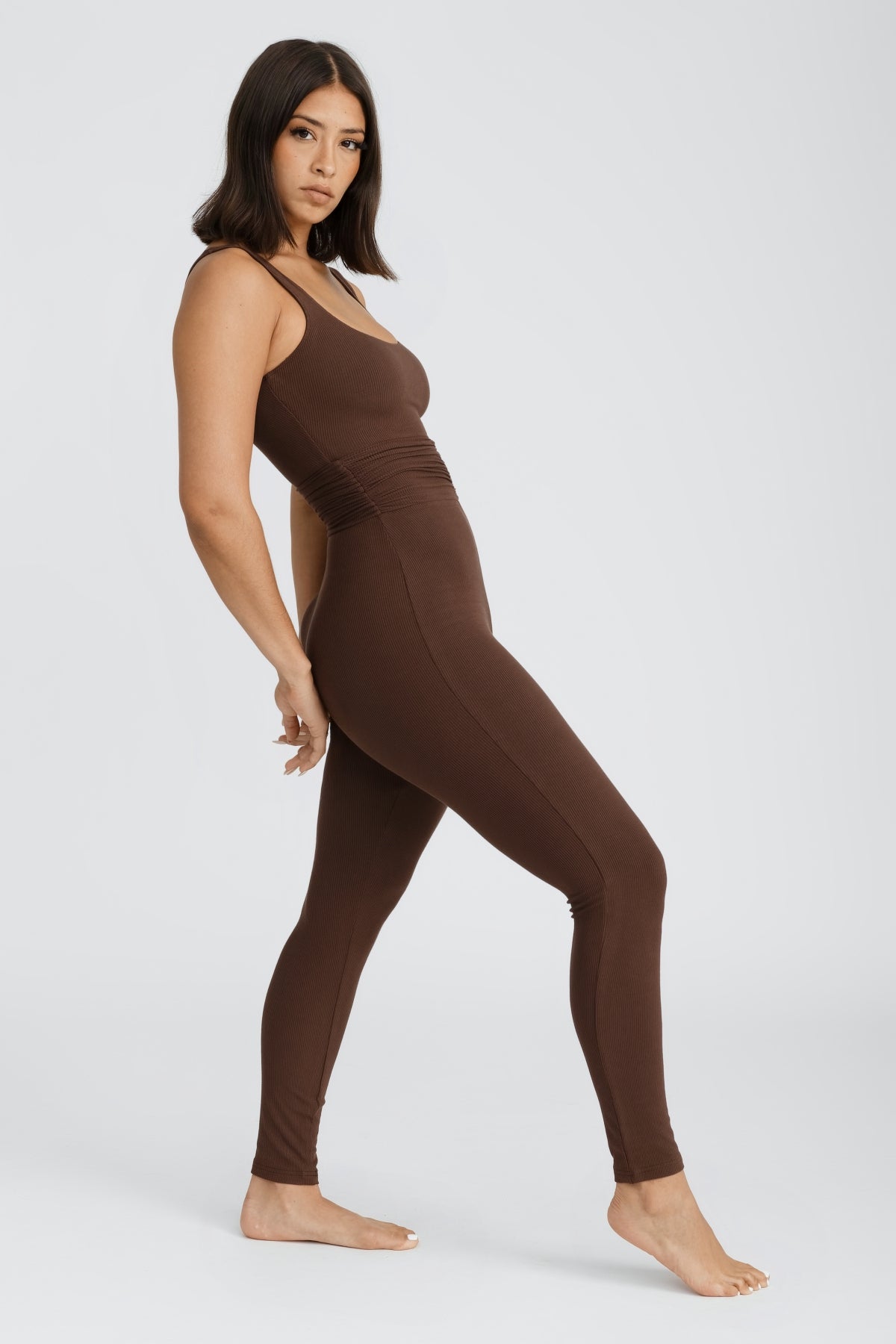 SOFT RIBBED LOUNGE ROMPER WITH RUCHED SIDES IN CHOCOLATE BROWN COLOR