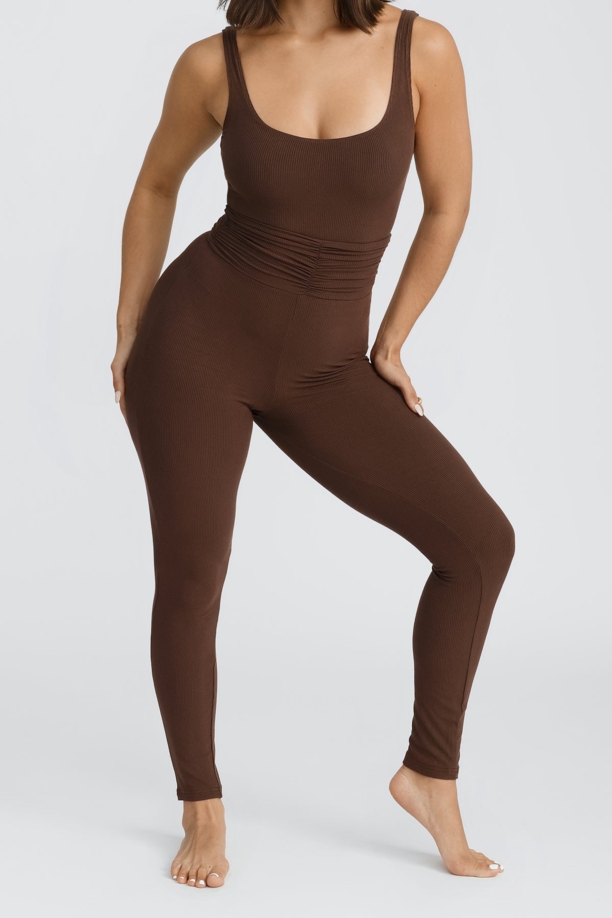 SOFT RIBBED LOUNGE ROMPER WITH RUCHED SIDES IN CHOCOLATE BROWN COLOR