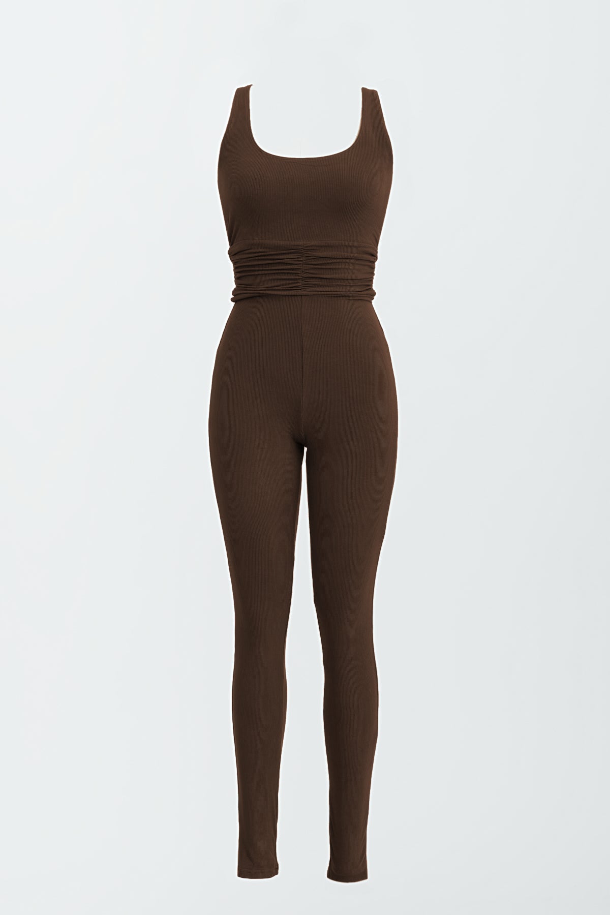 SOFT RIBBED LOUNGE ROMPER WITH RUCHED SIDES IN A CHOCOLATE BROWN COLOR