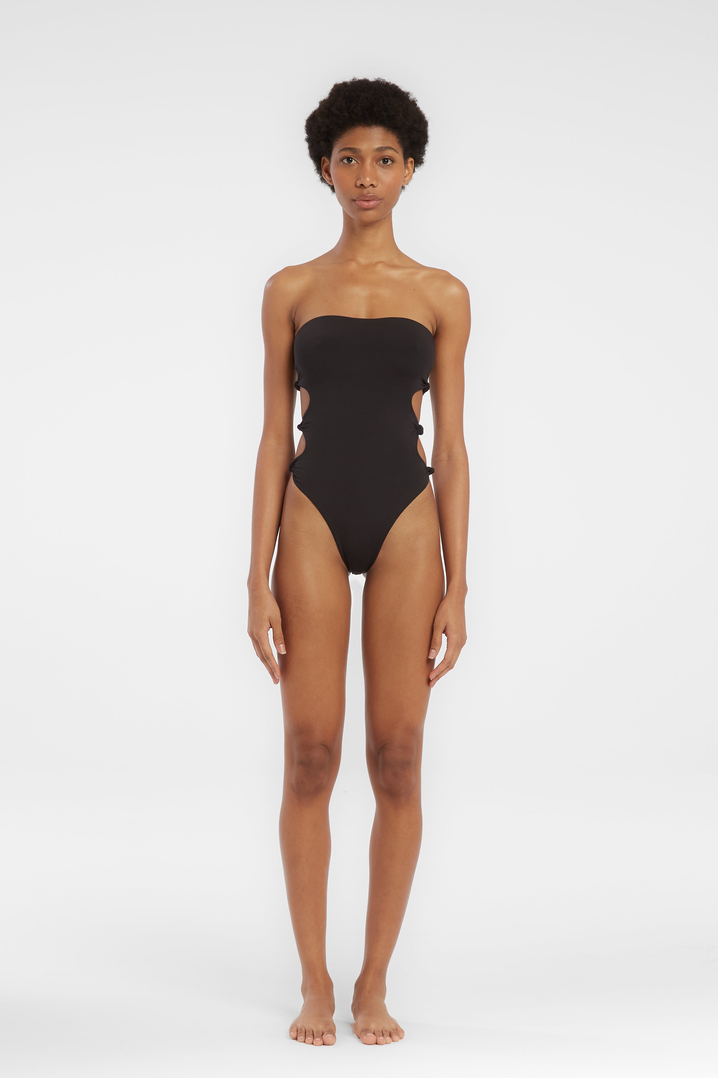 BLACK STRAPLESS ONE PIECE SWIMSUIT WITH SIDE TIES